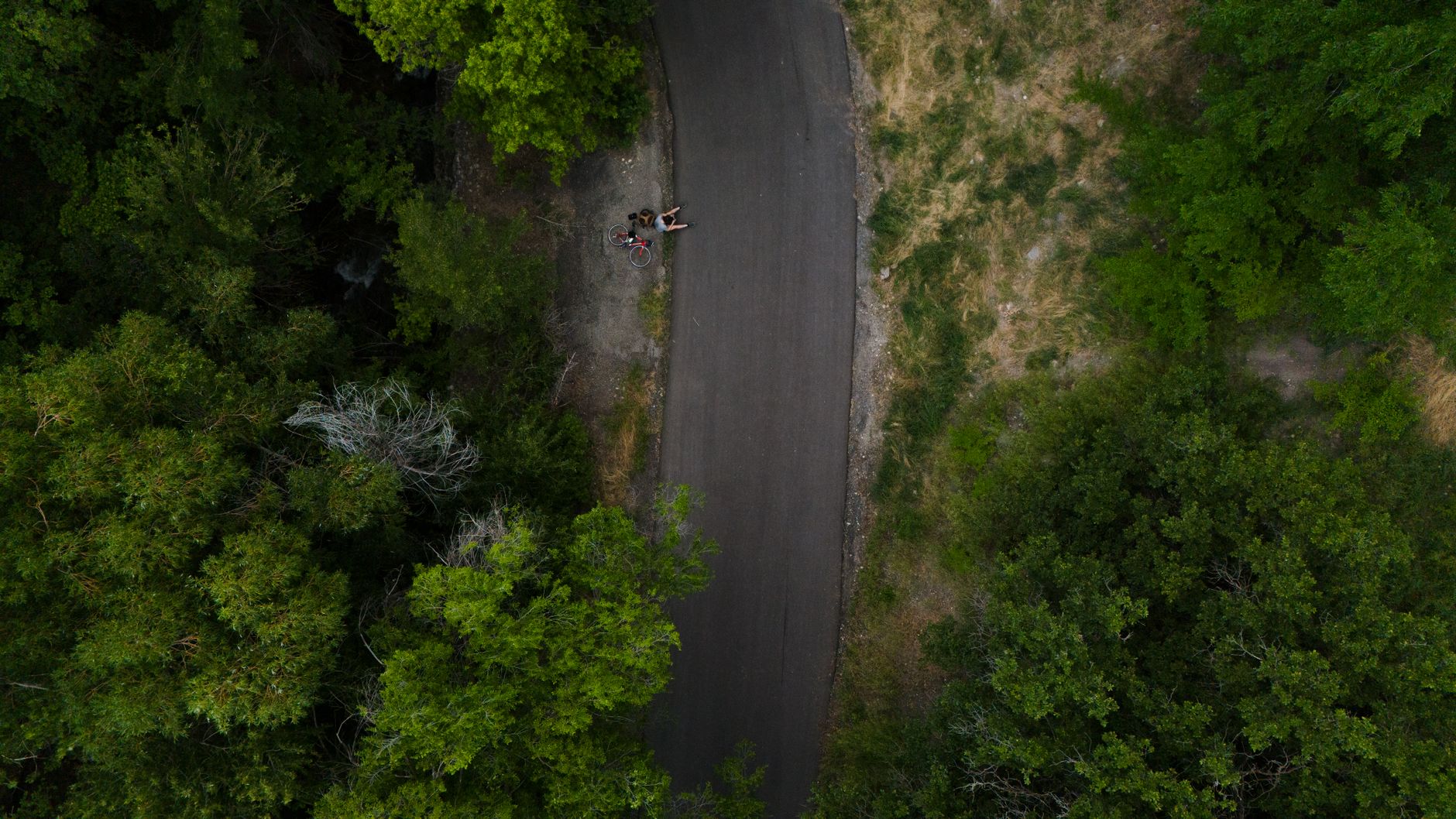 DJI Mini 4 Pro drone following a cyclist on a forest trail